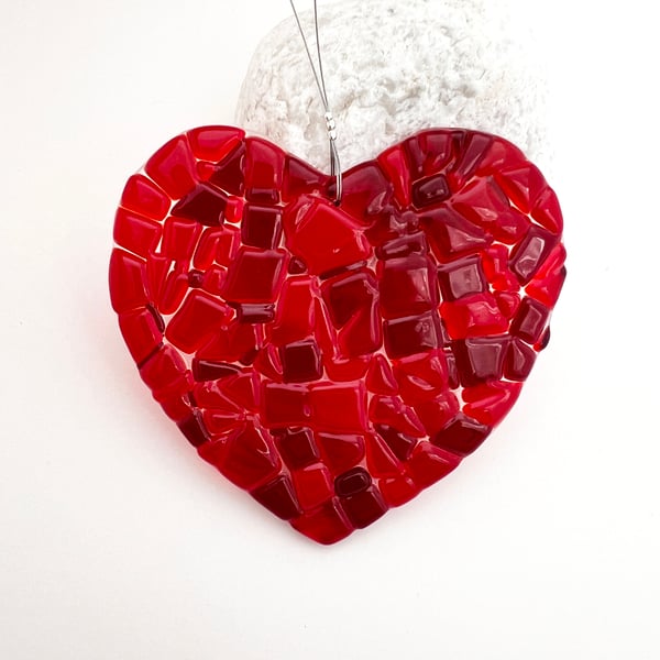 Fused Glass Red Heart - Handmade Glass Suncatcher