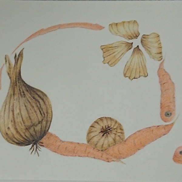 Pencil drawing of harvest vegetables, carrots and onions