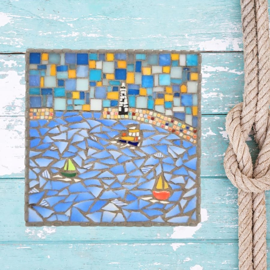 Ocean Themed Wall Art Lighthouse Mosaic And Harbor 