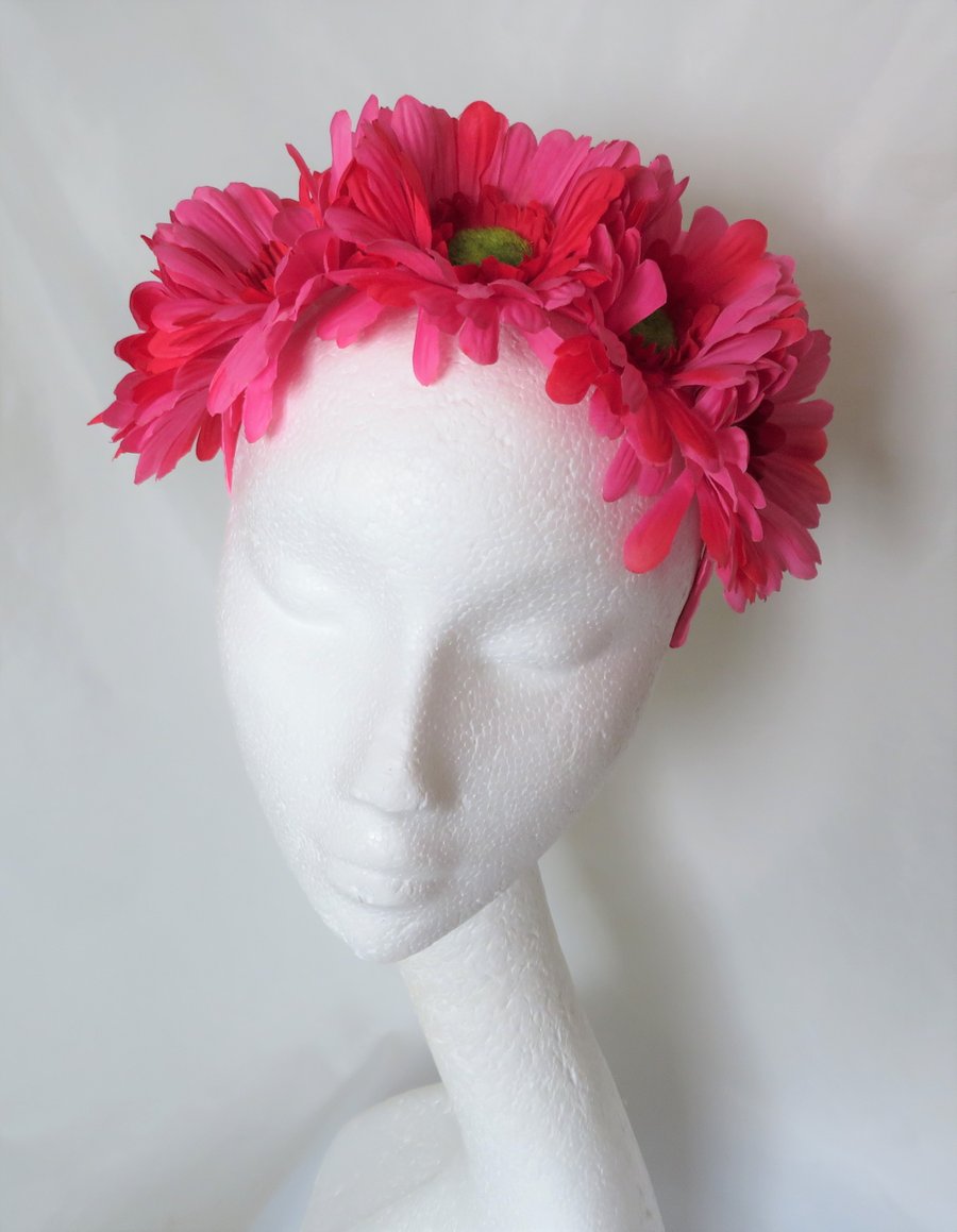 Bright Fuchsia Pink Daisy Flower Crown Retro Boho Floral Hair Headband