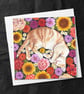 Cat with Flowers Fine Art Square Handmade Greeting Card - Image 2