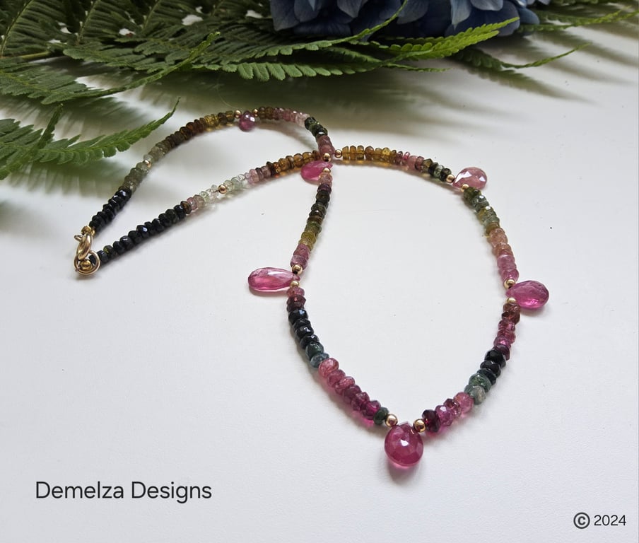 Designer Pink Sapphire, Ombre Sapphires, Emerald, Dainty Choker Necklace 9k Gold