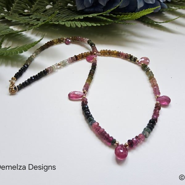 Pink Sapphire 9k Gold. Ombre Sapphires, Emerald, Dainty Necklace 'ONE OFF'