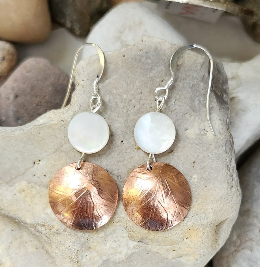 Dangly copper disc and Mother of Pearl Earrings