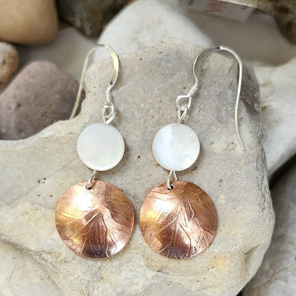 Dangly copper disc and Mother of Pearl Earrings