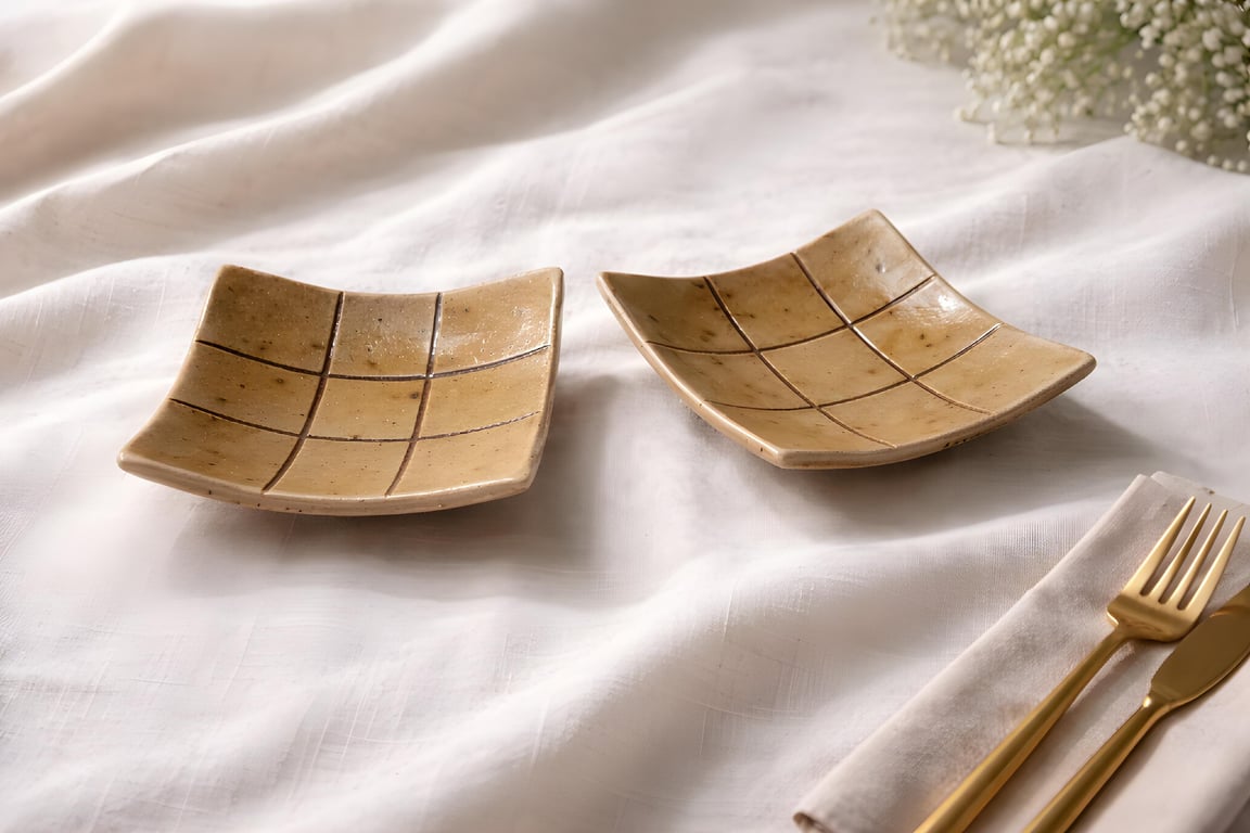 Handmade Stoneware Tapas Plate Set, Ash look Glaze Grid Design, UK