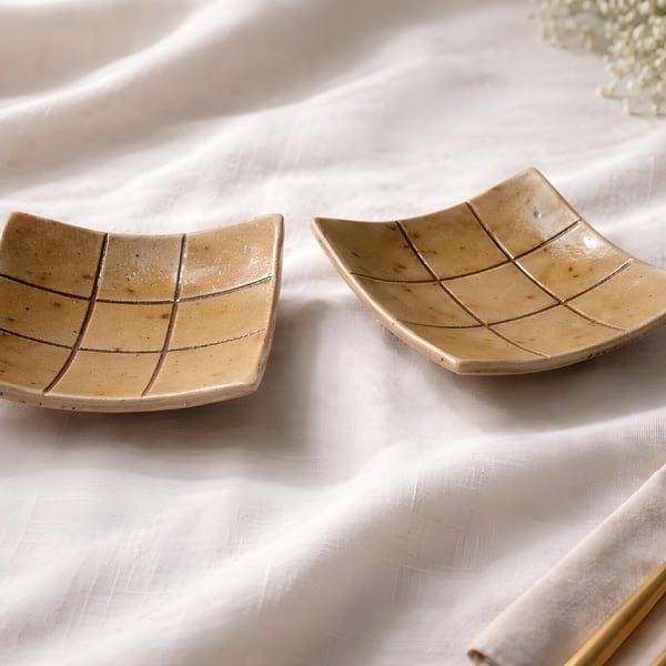 Handmade Stoneware Tapas Plate Set, Ash look Glaze Grid Design, UK