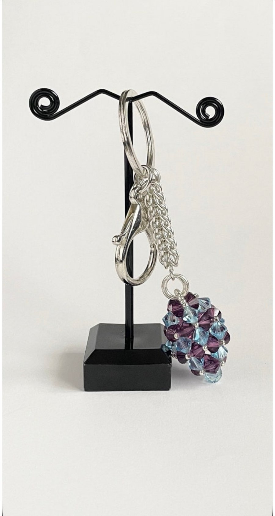 Handbag Charm, Egg Shaped Purple and Blue Crystal, Chainmaille Chain and Keyring