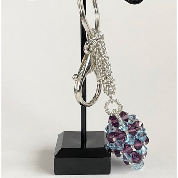 Handbag Charm, Egg Shaped Purple and Blue Crystal, Chainmaille Chain and Keyring