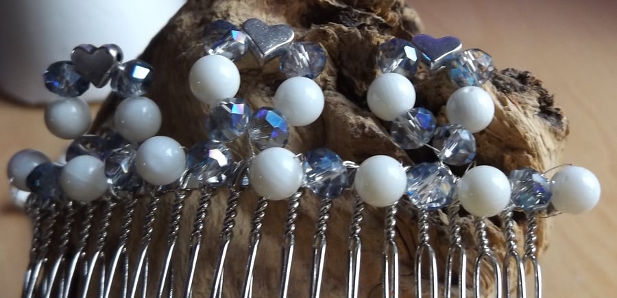 Crystal and shell silver heart hair comb