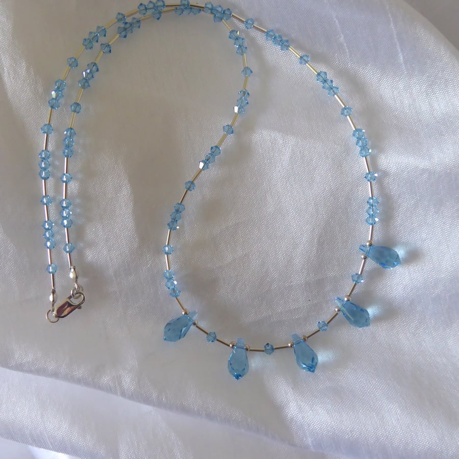 Sterling Silver and Swarovski Aquamarine Crystal Necklace with Lobster Clasp