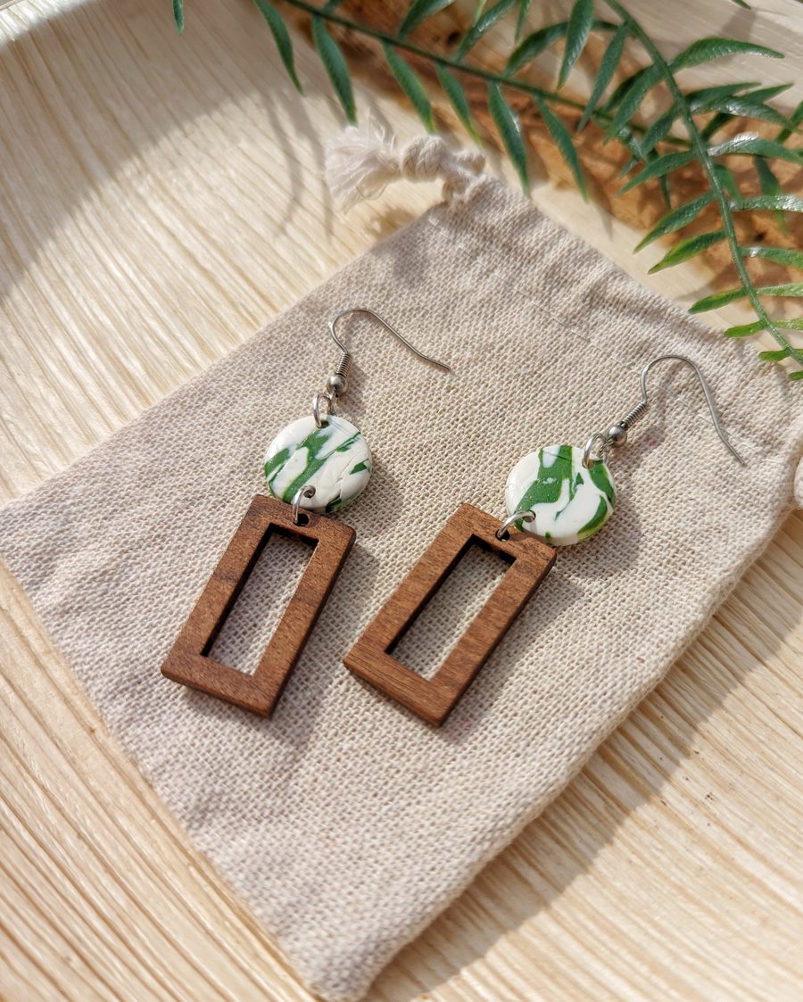 Wood & Clay Earrings - Circle & Rectangle 