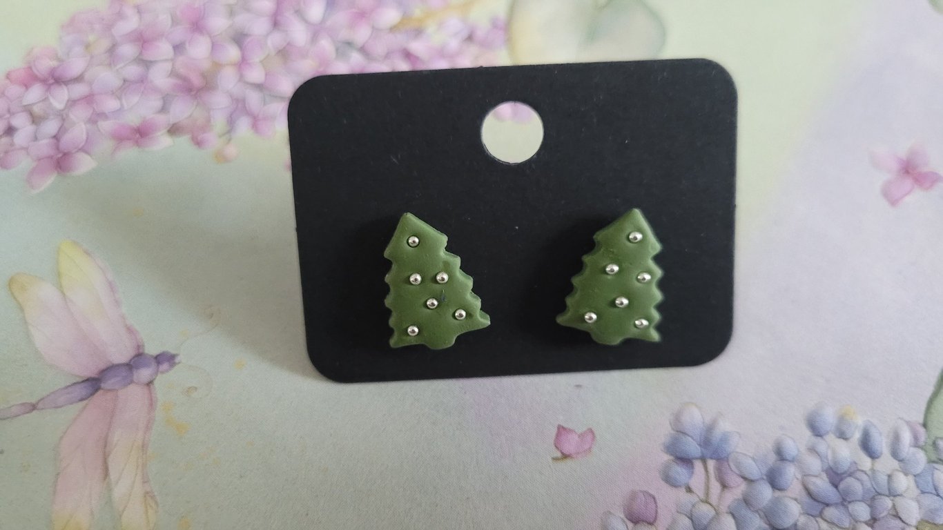 Handmade Polymer Clay Green Silver Christmas Tree Stud Earrings, 316 Stainless