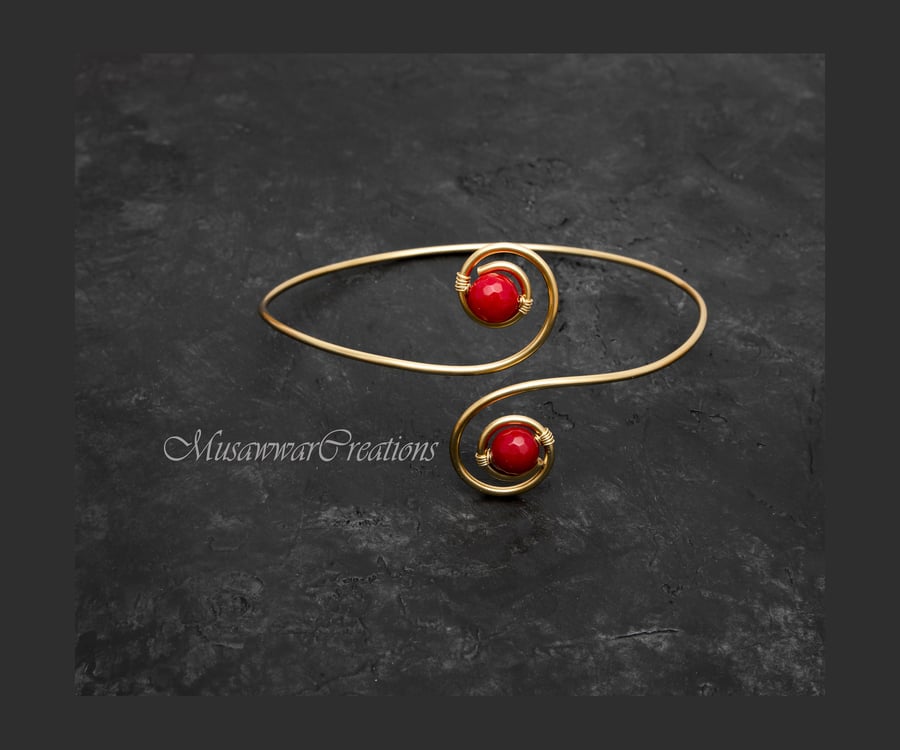 Red quartz brass arm cuff, upper arm cuff ,bicep bracelet, brass arm cuff