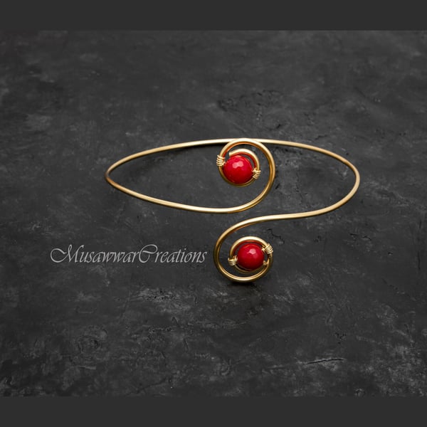 Red quartz brass arm cuff, upper arm cuff ,bicep bracelet, brass arm cuff