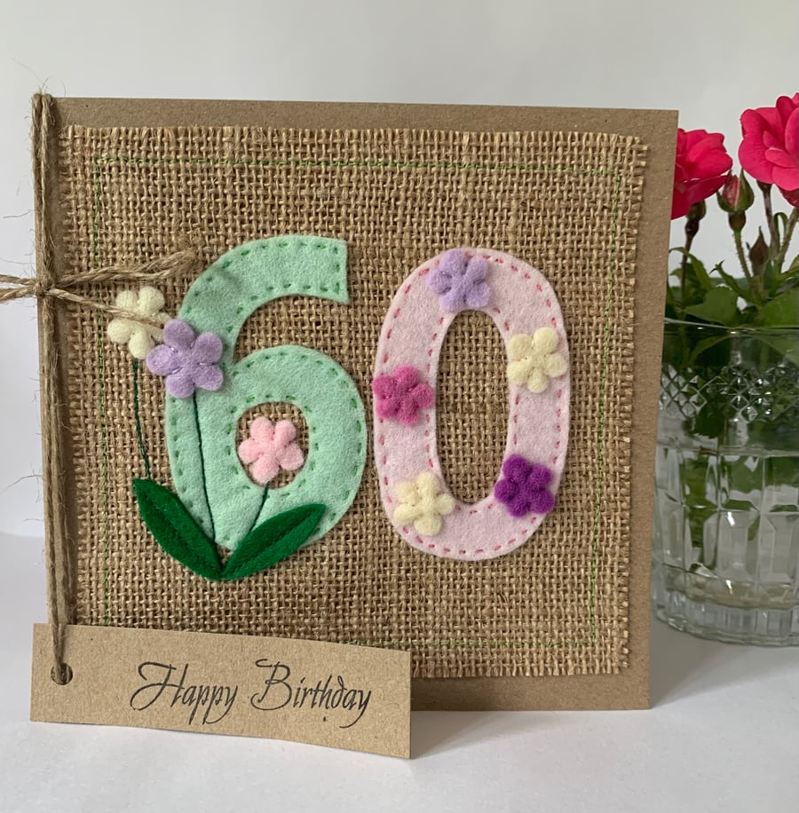 Handmade 60th Birthday Card. Felt. Keepsake Card. Textile card.