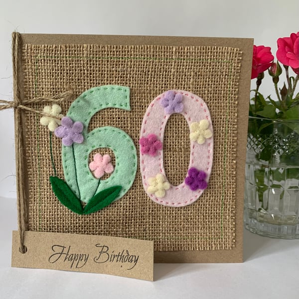 Handmade 60th Birthday Card. Felt. Keepsake Card. Textile card.