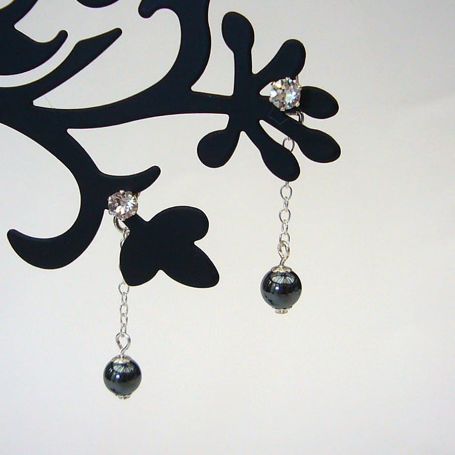 Haematite and crystal drop earrings, chain drop earrings, silver earrings