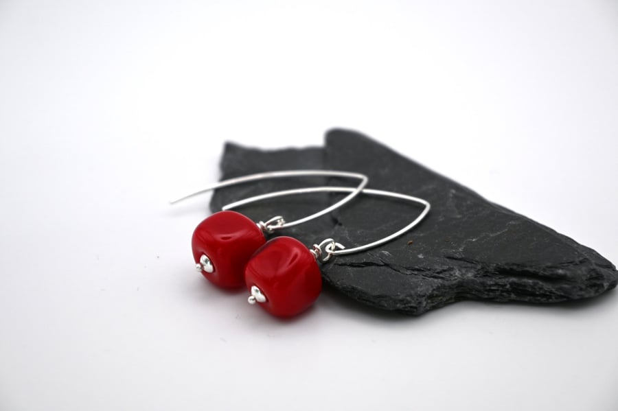 red nugget lampwork glass earrings