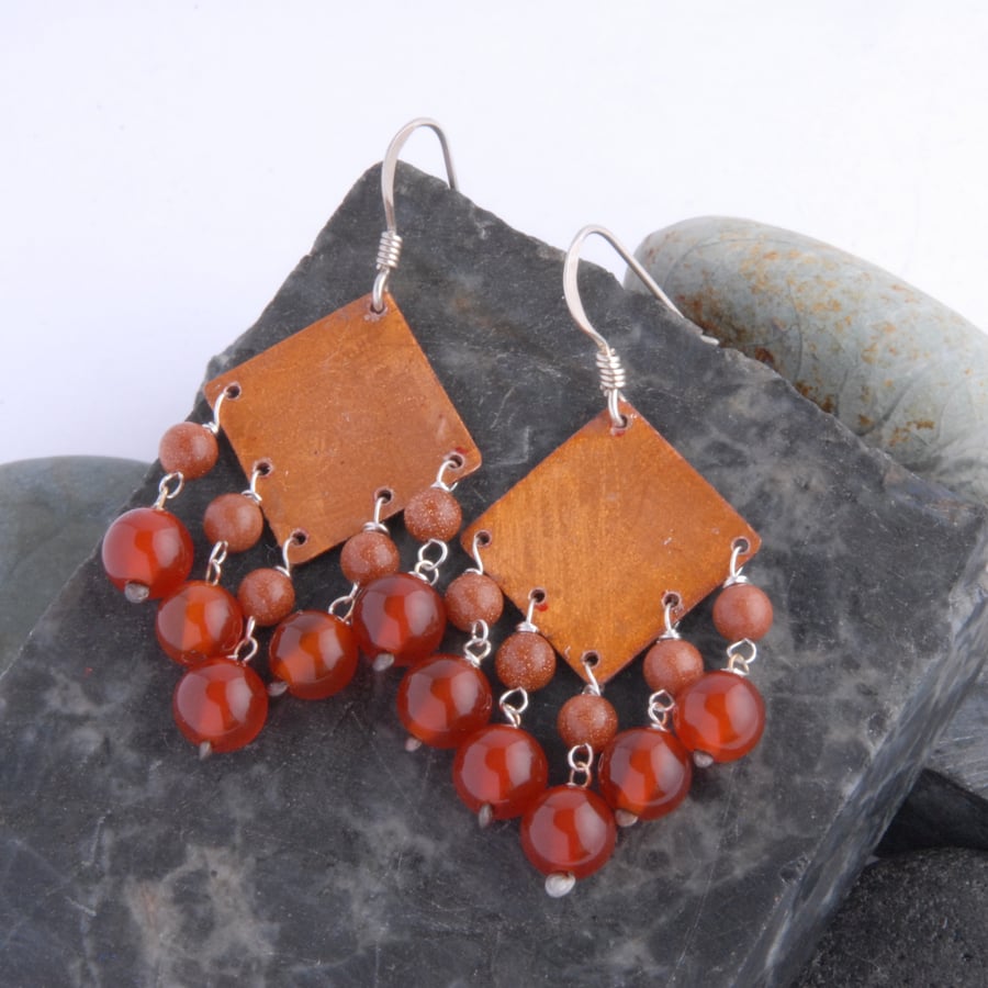 Carnelian fringed textured copper and sterling silver earrings