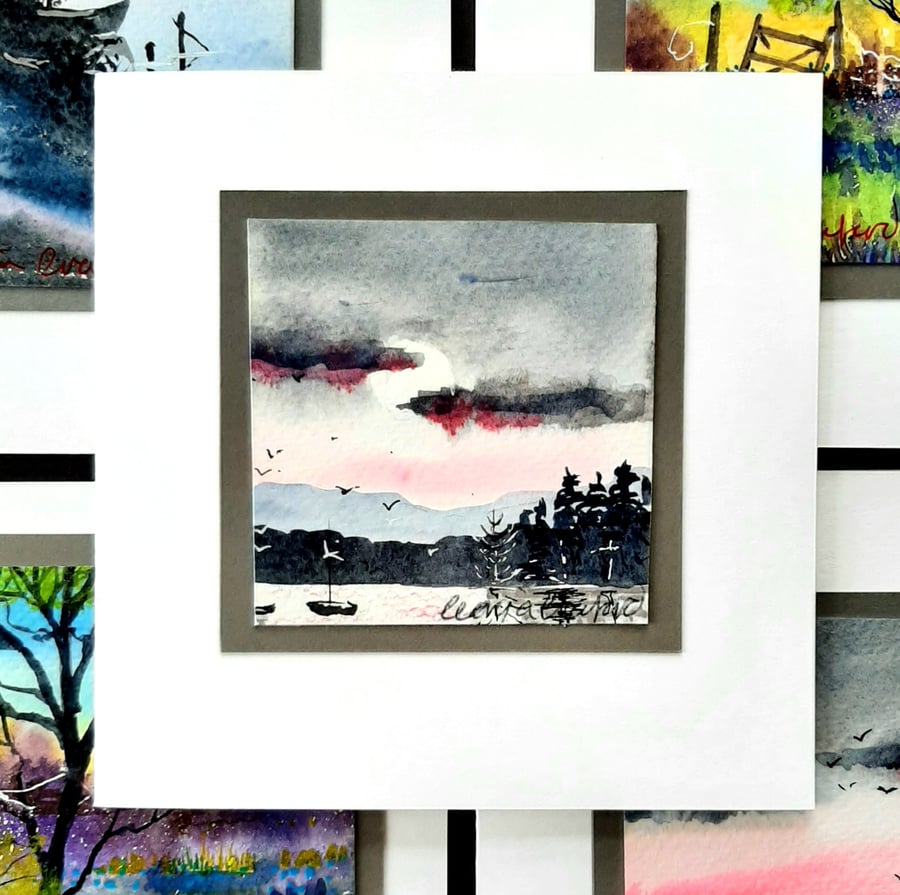 Blank HandCrafted Card Of The Moon And Scottish Loch. Any Occasion Notelet.