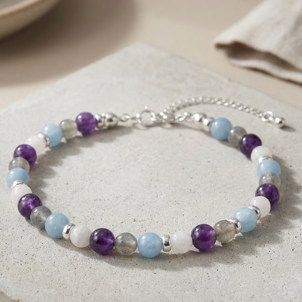 Moonstone,Angelite,Labradorite and Amethyst Bracelet For Protection