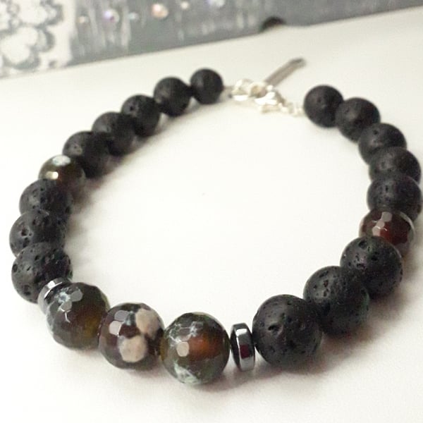 Spear Charm gemstone bracelet , Brown Fire Agate with Black Lava Bead 7.5 inch