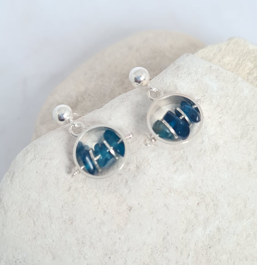 Silver Circles with Teal Apatite Ear Studs