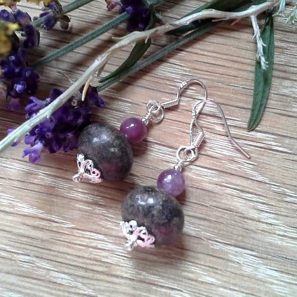 Designer Charoite Gemstone Sterling Silver Earrings 