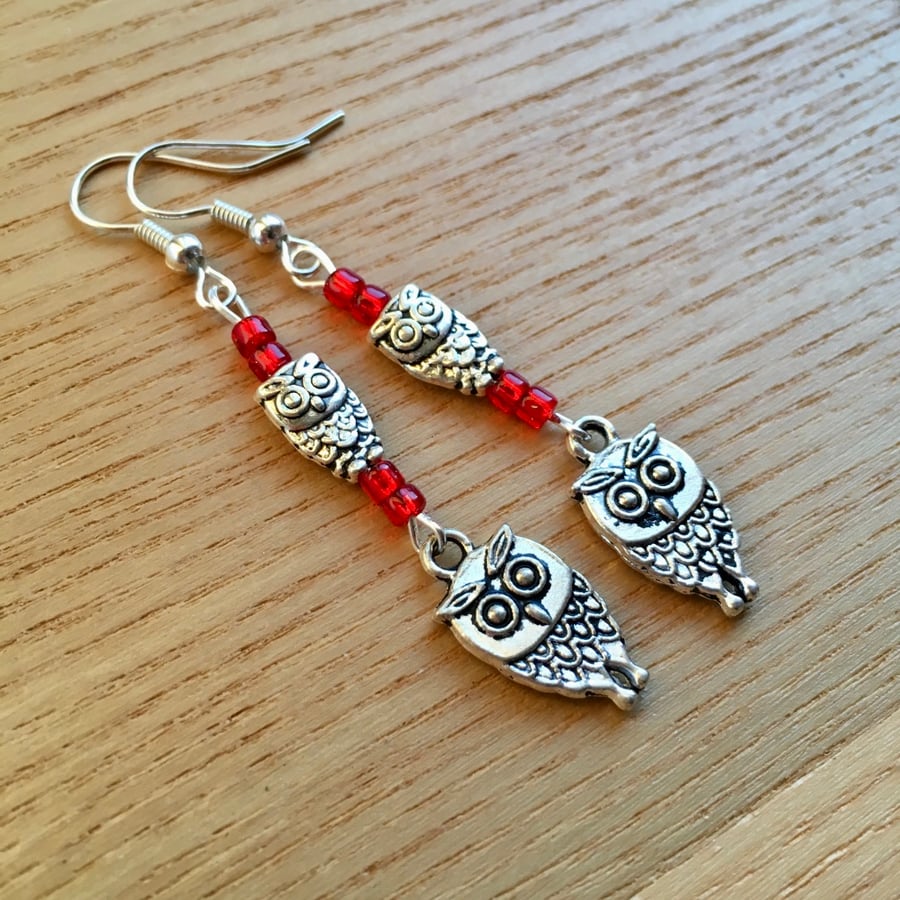 Red Owl Charm Earrings, Gift for Her, Nature Lover Present