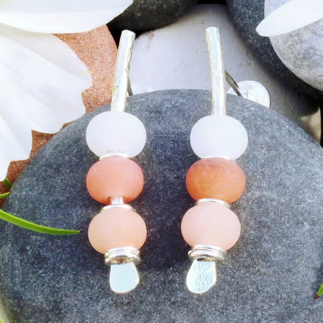 Seaside earrings, pink pastel colours, natural handmade jewellery, pebble