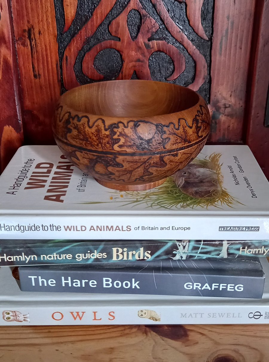 Upcycled pyrography oak leaf and acorn wooden nibbles bowl
