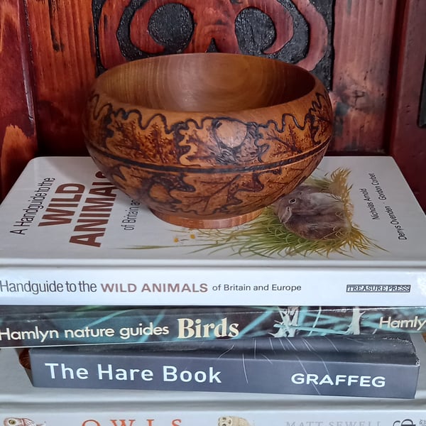 Upcycled pyrography oak leaf and acorn wooden nibbles bowl