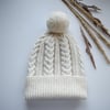Chunky wool cable knit beanie hat. Alpaca-wool warm winter bobble hat.