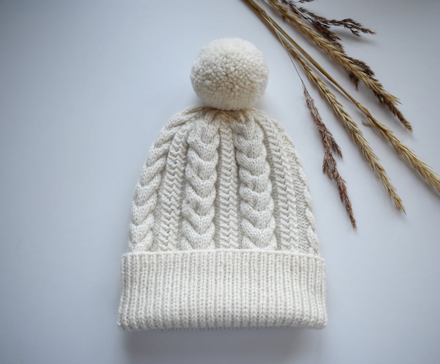 Chunky wool cable knit beanie hat. Alpaca-wool warm bobble hat. Made to order.