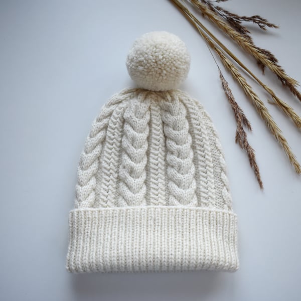 Chunky wool cable knit beanie hat. Alpaca-wool warm bobble hat. Made to order.