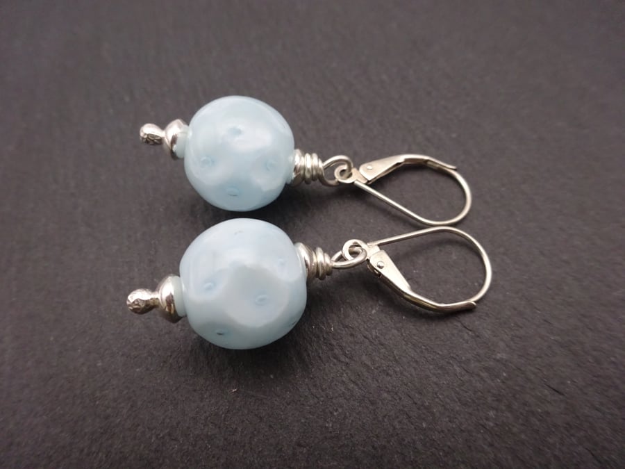 blue lampwork glass bubble earrings, sterling silver lever back jewellery
