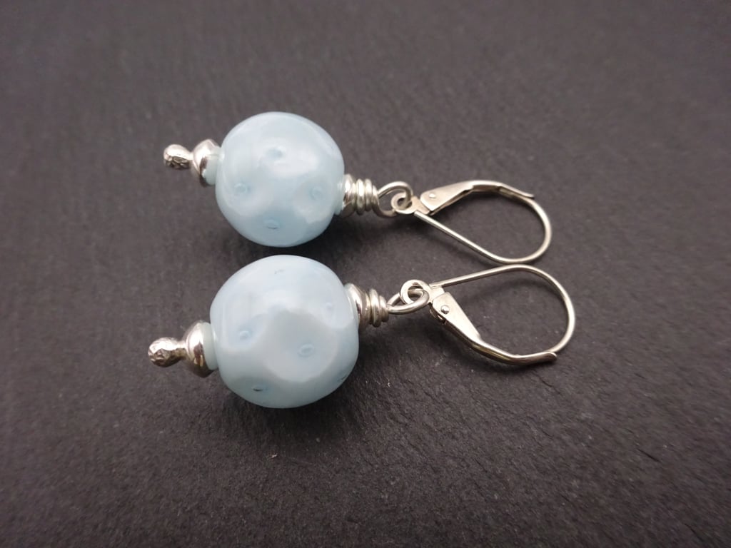 blue lampwork glass bubble earrings, sterling silver lever back jewellery