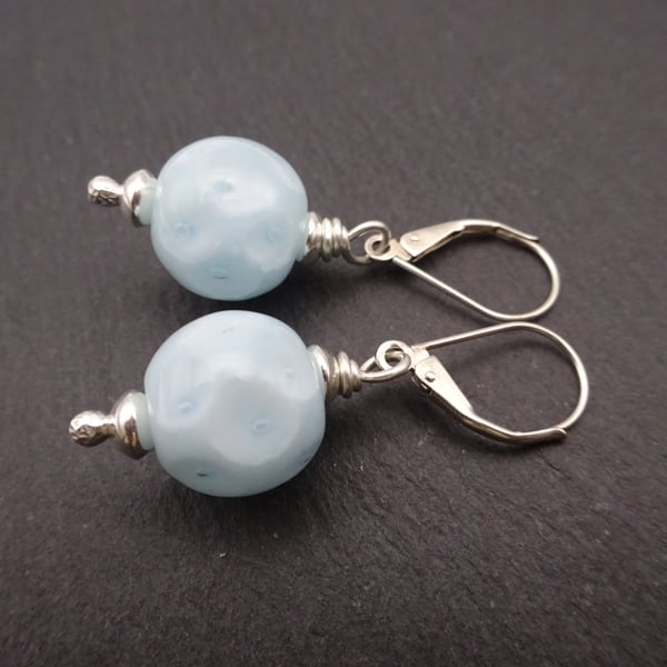 blue lampwork glass bubble earrings, sterling silver lever back jewellery