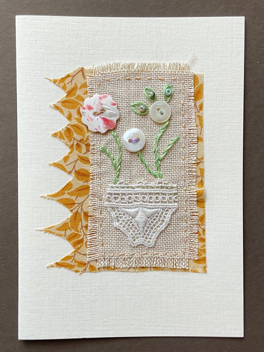 Hand embroidered gift card with vintage lace and buttons.