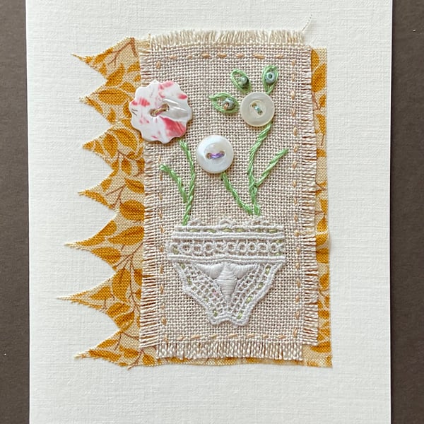 Hand embroidered gift card with vintage lace and buttons.