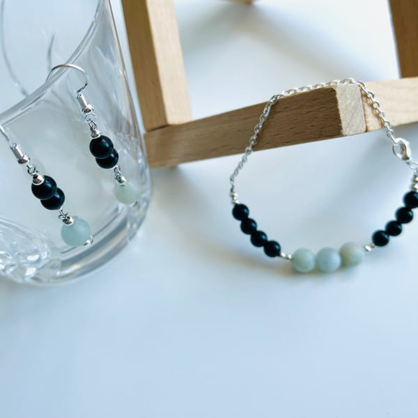 Matte Frosted Morganite, Onyx earrings and bracelet set