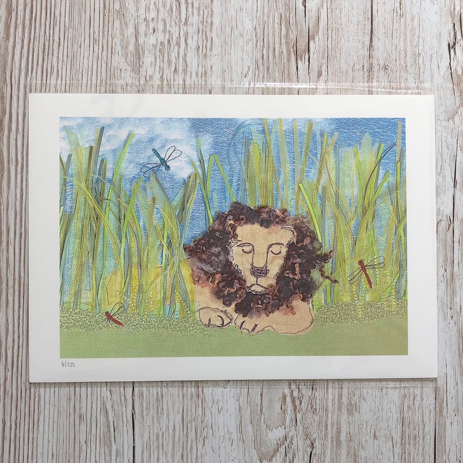 Sleeping Lion print - lion sleeping amongst grasses and dragonflies art