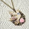 Decoupage Bird and Pink Rose Necklace