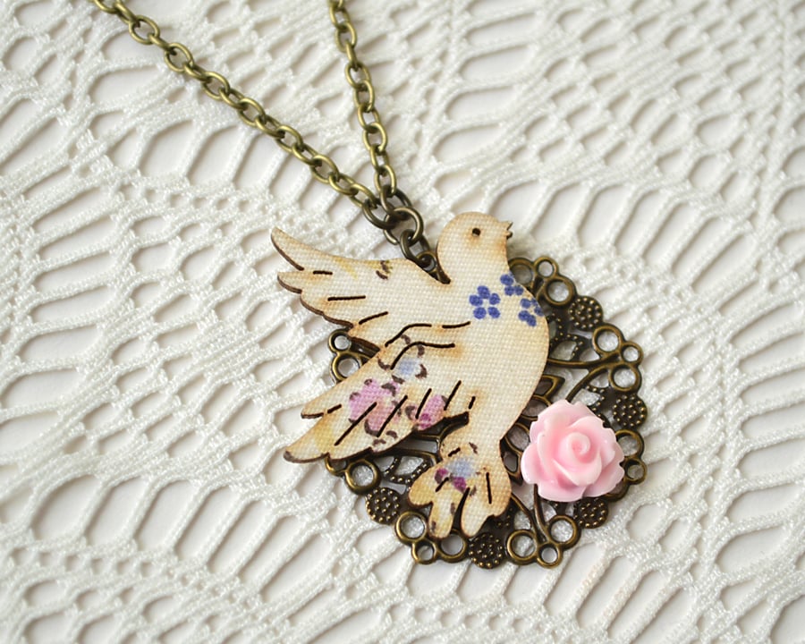 Decoupage Bird and Pink Rose Necklace