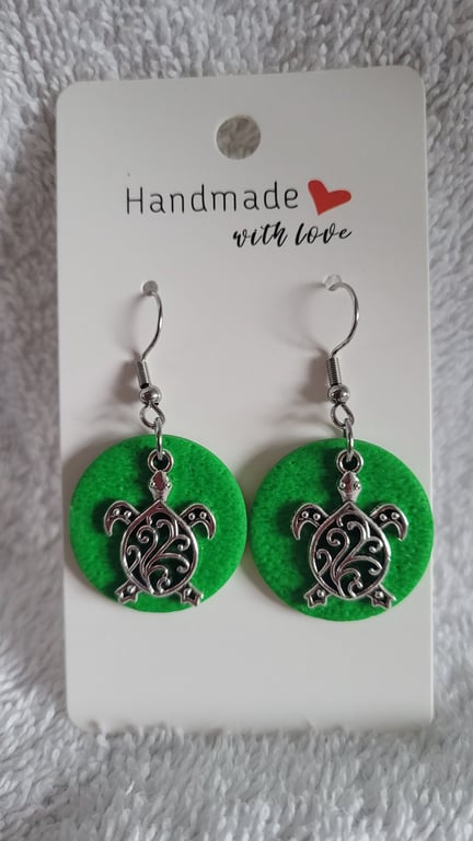 Handmade Polymer Clay Green Turtle Earrings, 316 Surgical Stainless Steel
