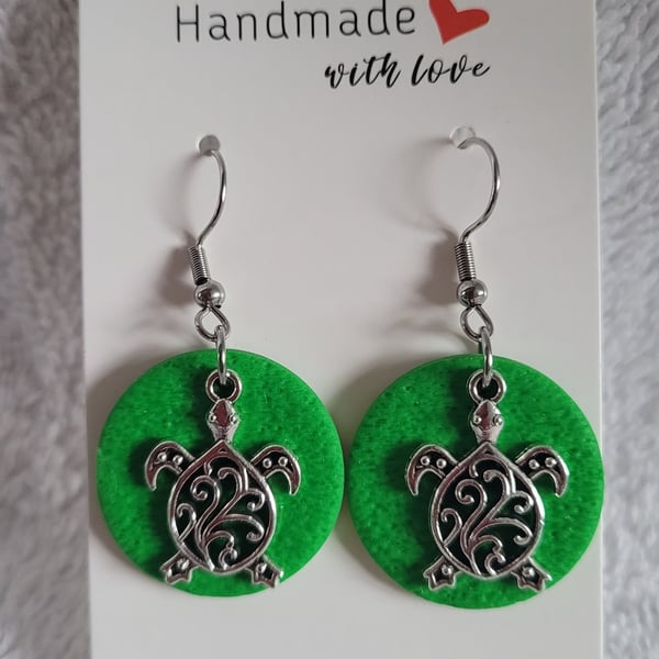 Handmade Polymer Clay Green Turtle Earrings, 316 Surgical Stainless Steel