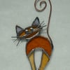 Stained Glass Marmalade Cat Suncatcher with Curly Copper Tail 