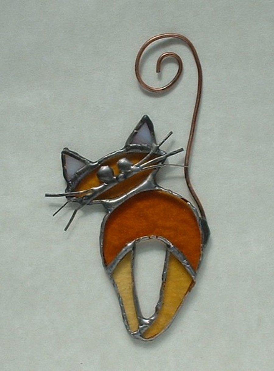Stained Glass Marmalade Cat Suncatcher with Curly Copper Tail 