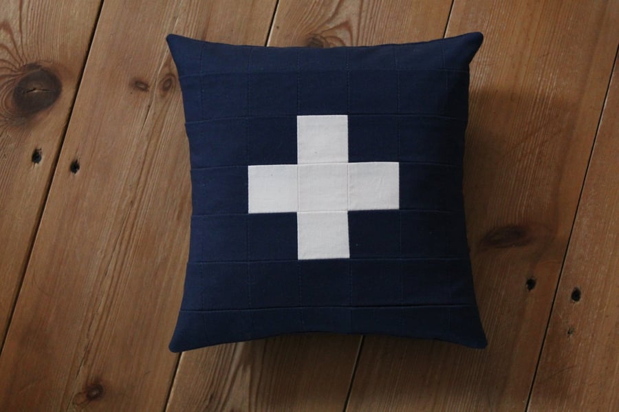 Small Patchwork Navy And Natural Cross Cushion
